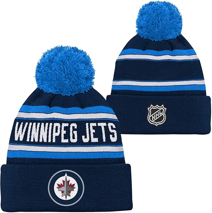 Chargez l&#39;image dans la visionneuse de la galerie, Tuque à pompons en tricot à revers jacquard NHL des Jets de Winnipeg pour enfants
