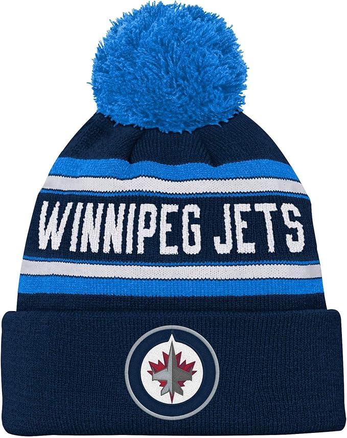 Chargez l&#39;image dans la visionneuse de la galerie, Tuque à pompons en tricot à revers jacquard NHL des Jets de Winnipeg pour enfants
