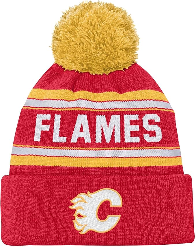 Load image into Gallery viewer, Kid&#39;s Calgary Flames NHL Jacquard Cuff Knit Pom Toque
