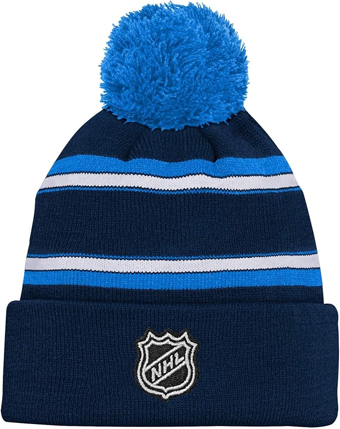 Chargez l&#39;image dans la visionneuse de la galerie, Tuque à pompons en tricot à revers jacquard NHL des Jets de Winnipeg pour enfants
