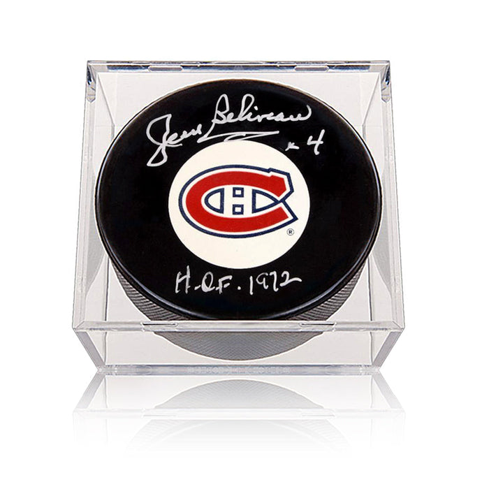 Jean Beliveau Signed Montreal Canadiens Puck with HOF 1972 Note - Heritage Hockey™