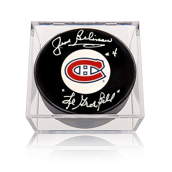 Jean Beliveau Signed Montreal Canadiens Puck with Le Gros Bill Note - Heritage Hockey™