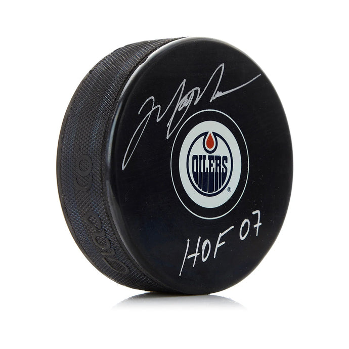 Mark Messier Signed Edmonton Oilers Puck with HOF Note