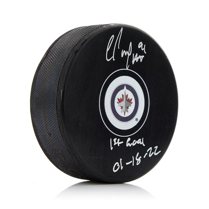 Cole Perfetti Signed Winnipeg Jets Puck with 1st Goal Note