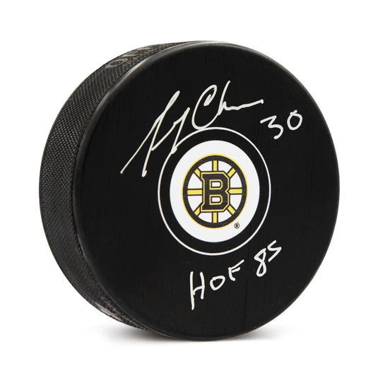 Gerry Cheevers Signed Boston Bruins Puck with HOF Note