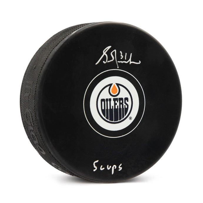 Grant Fuhr Signed Edmonton Oilers Puck with 5 Cups Note